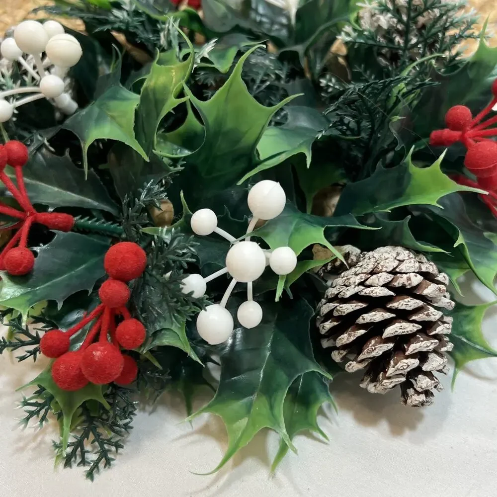 Vintage Candle Ring Wreath MCM Mid Century Flocked Red Berries Holly Pinecones